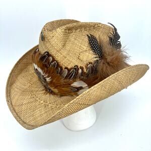 Vintage Straw Cowboy Festival Western Hat Feather Trimmed Hat Pins Size 7-½